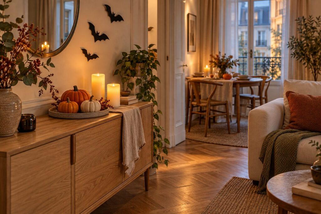 Décoration Halloween cosy : citrouilles, bougies LED et chauves-souris en papier dans un petit salon — illustration IA.